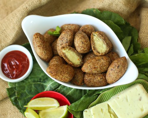 Queijo de inhame kibe vegano-minis salgados veganos-porção cenário G-Casa da Coxinha Vegana